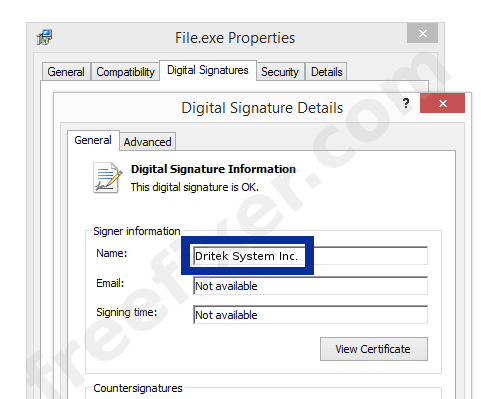 Screenshot of the Dritek System Inc. certificate